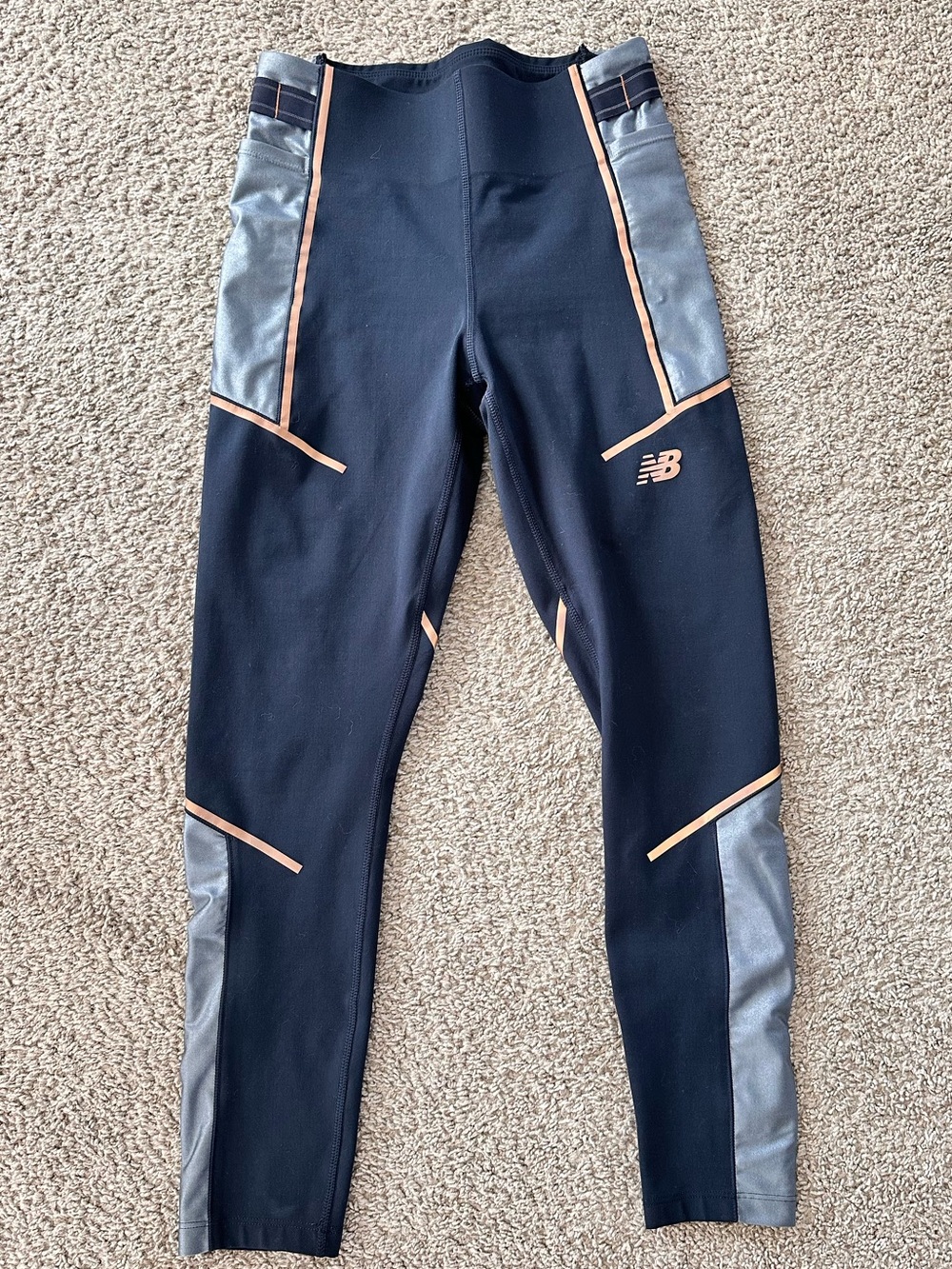 New Balance Blue Leggings with Silver Panels and Peach Piping